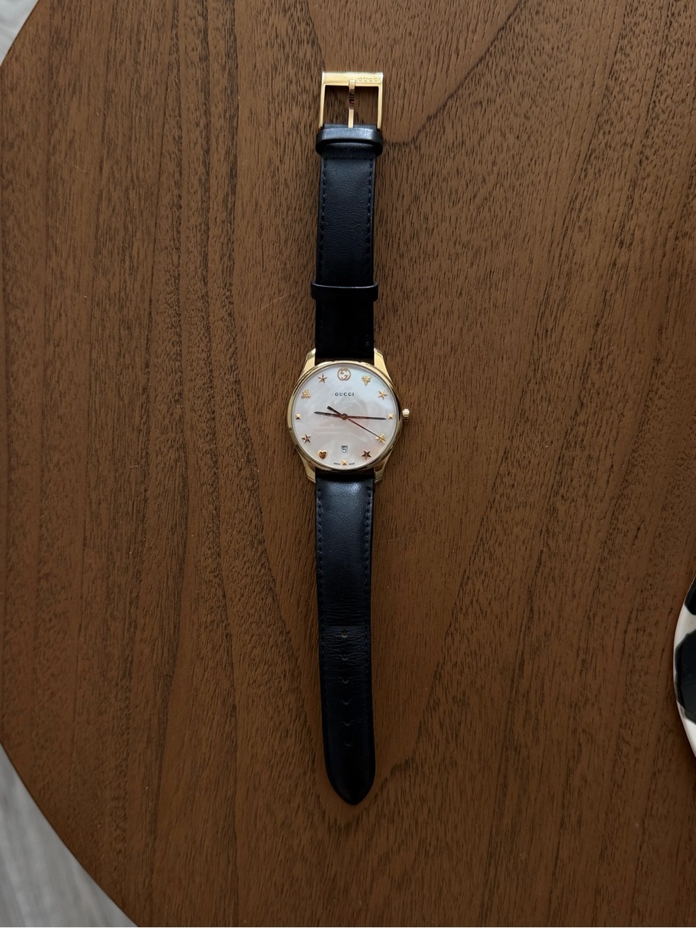 Gucci Black Leather Strap Gold-Tone Case Watch with Mother-of-Pearl Dial